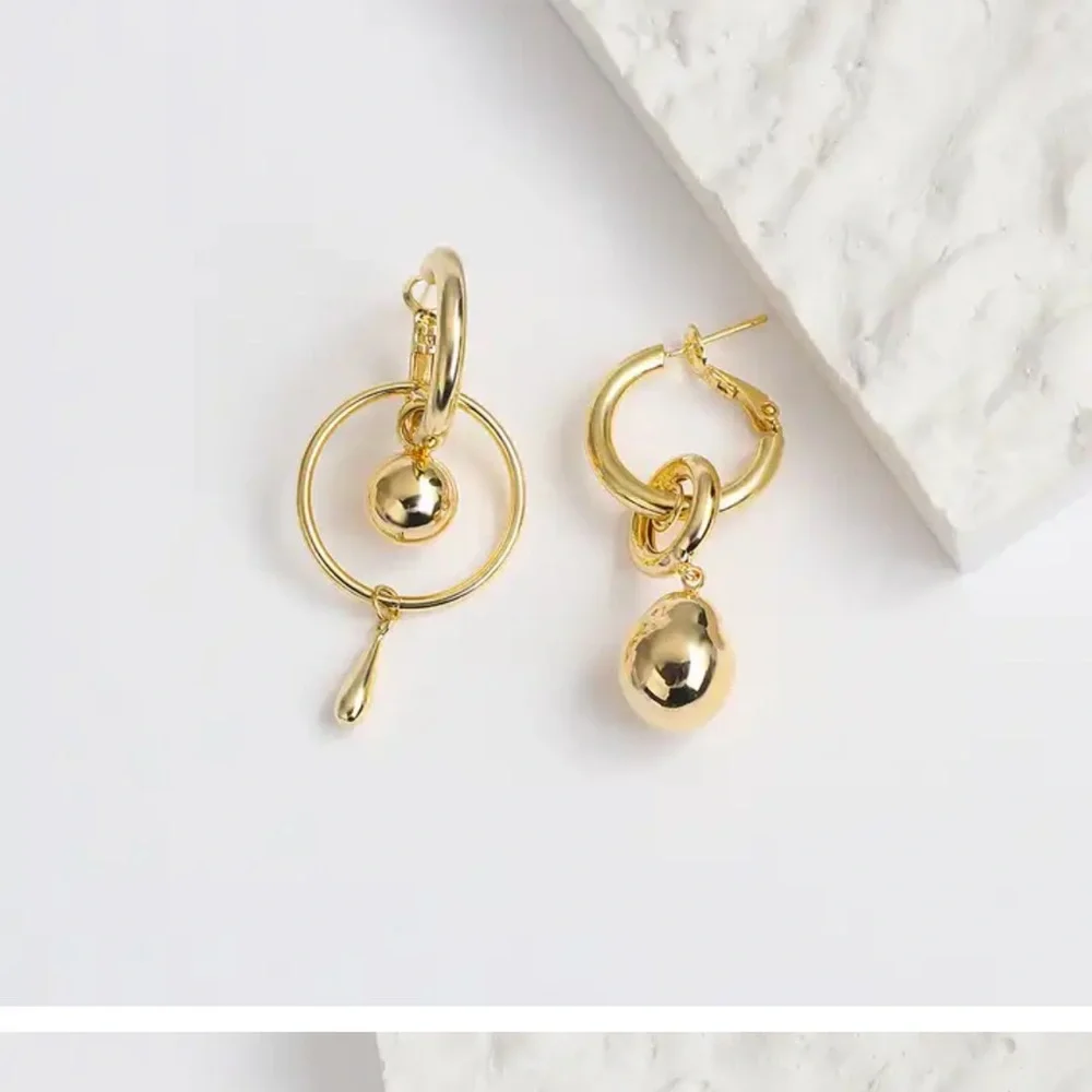 Gold Plated Mismatched Metal Ball Dangle Drop Earrings - Picture 7 of 10